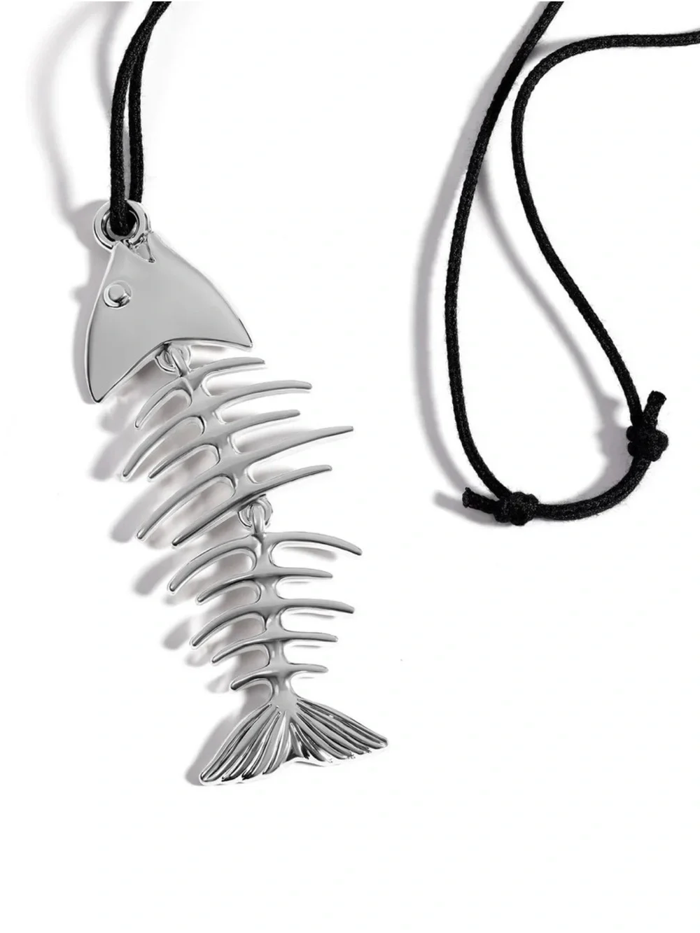 Silver Fishbone Pendant Necklace - Adjustable Black Cord by MAYAMAR New